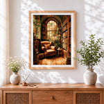 Finished cosy leather armchair library cross stitch artwork displayed