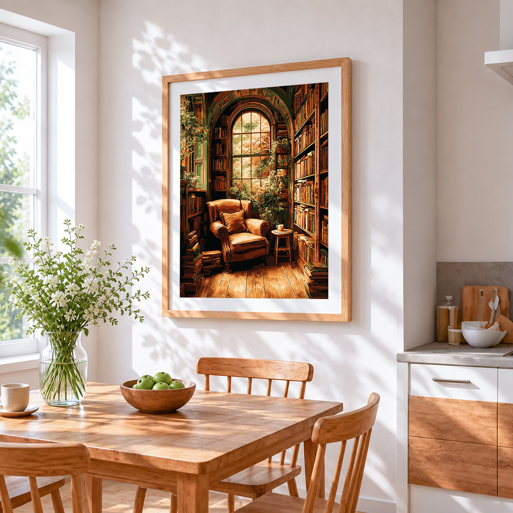 Cosy leather armchair library cross stitch artwork displayed on wall as home decor