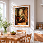 Cosy leather armchair library cross stitch artwork displayed on wall as home decor