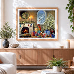 Finished cosy living room with christmas tree cross stitch artwork displayed