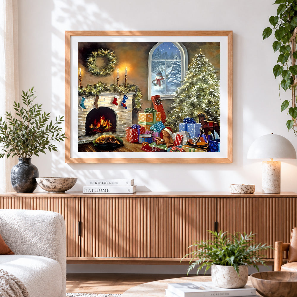 Finished cosy living room with christmas tree cross stitch artwork displayed