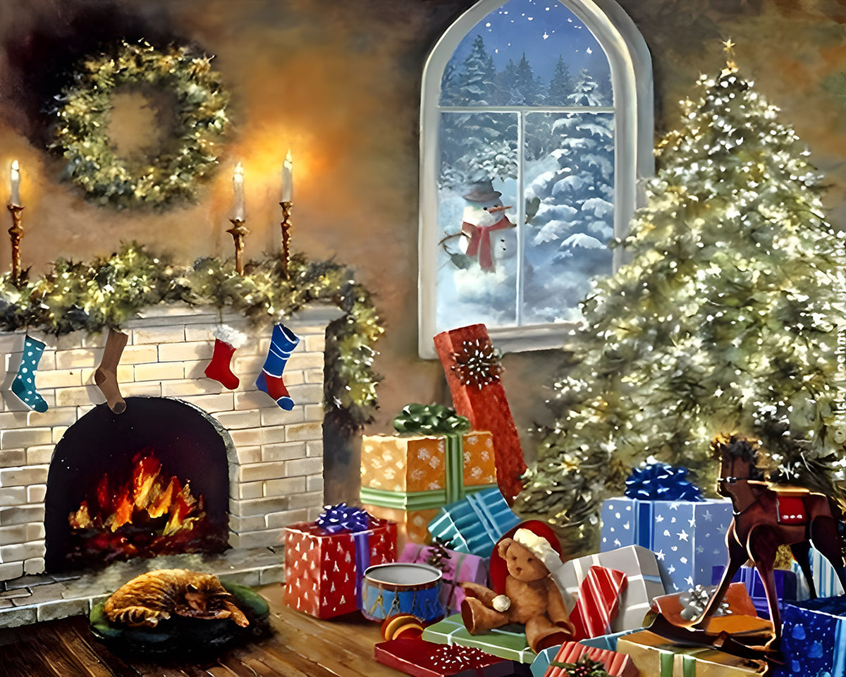 Cosy living room with christmas tree cross stitch kit for beginners