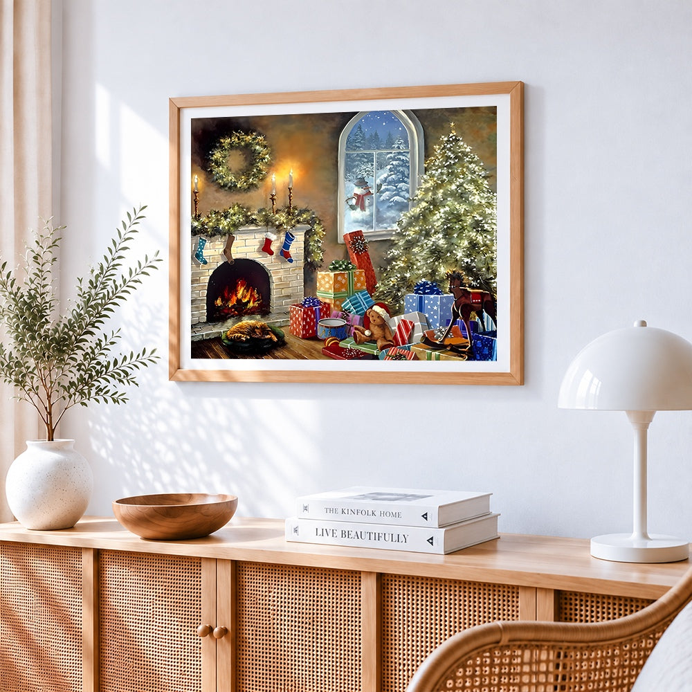 Cosy living room with christmas tree cross stitch artwork displayed on wall as home decor