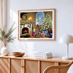 Cosy living room with christmas tree cross stitch artwork displayed on wall as home decor