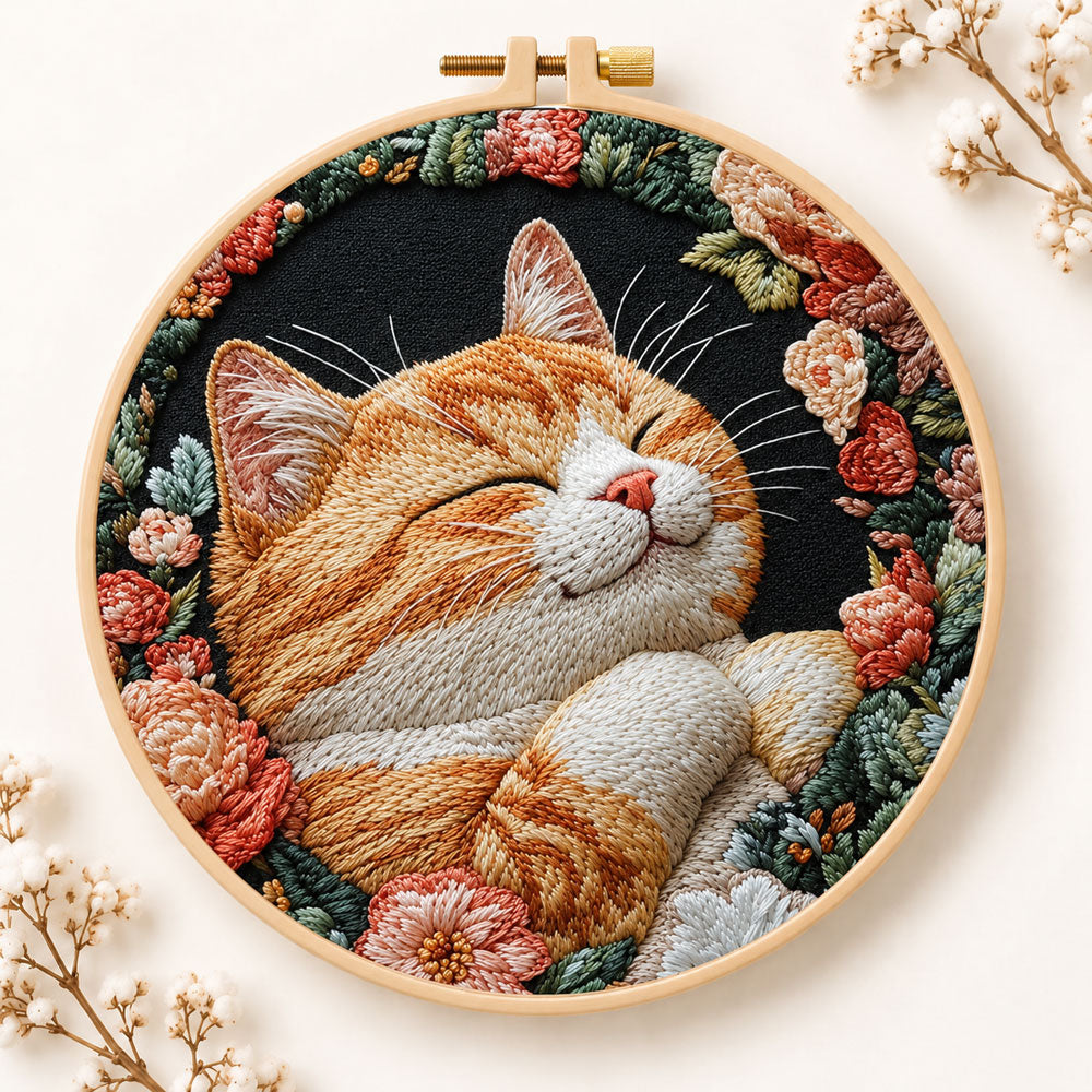 Cosy napping orange cat embroidery kit