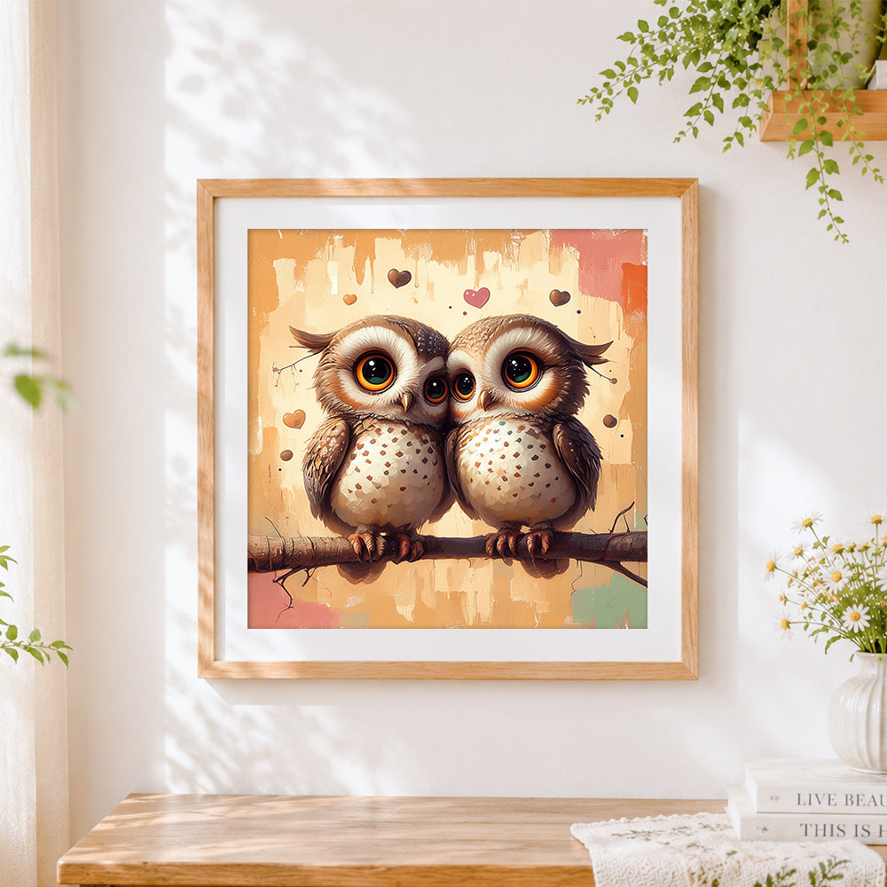 Finished cosy owl couple in love cross stitch artwork displayed