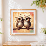 Finished cosy owl couple in love cross stitch artwork displayed