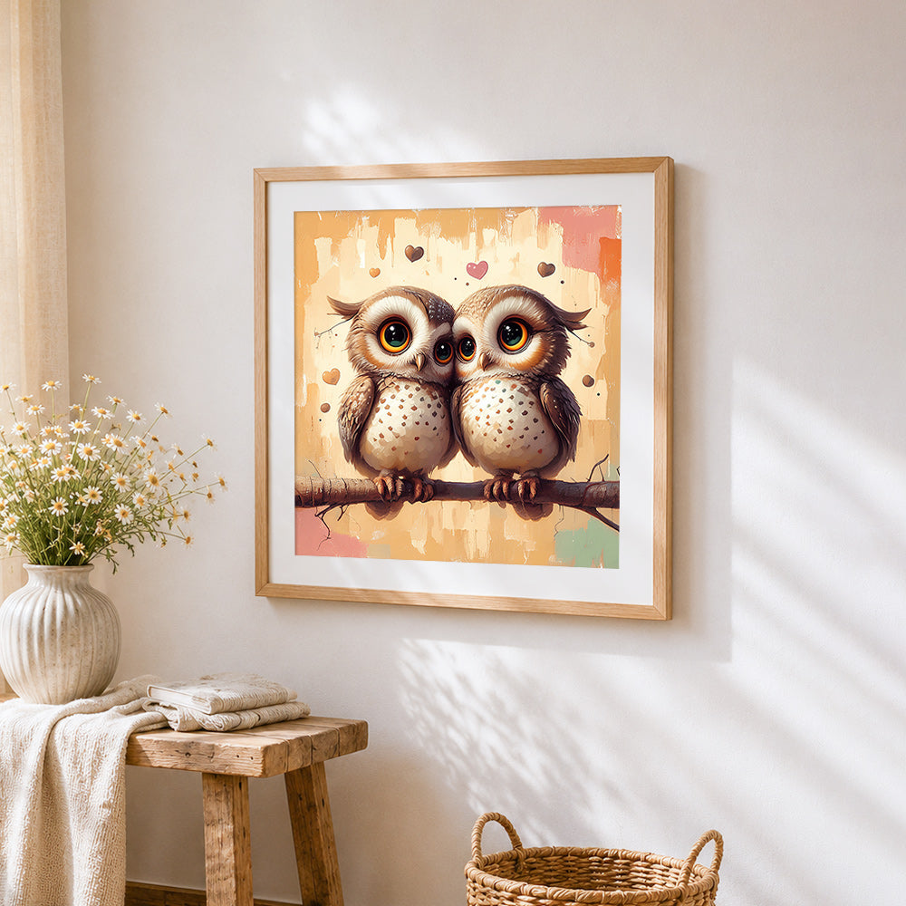 Cosy owl couple in love cross stitch artwork displayed on wall as home decor
