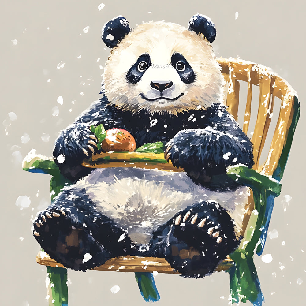 Cosy panda sitting on a chair in the snow cross stitch kit for beginners