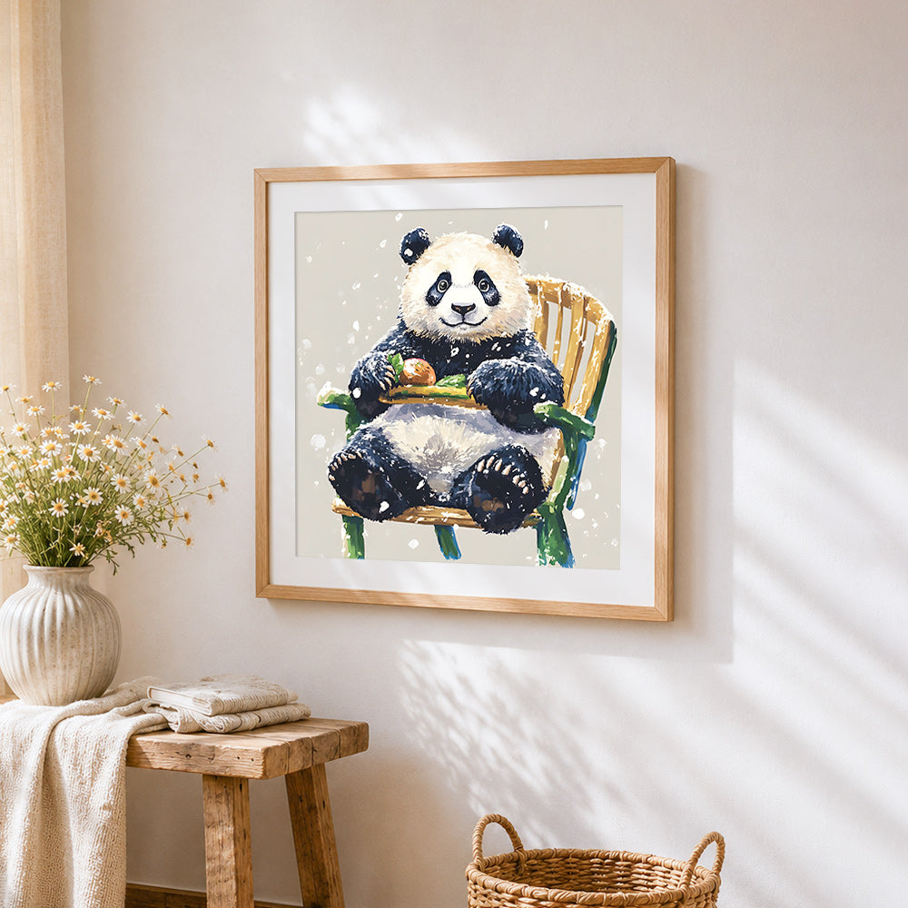Cosy panda sitting on a chair in the snow cross stitch artwork displayed on wall as home decor