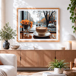 Finished cosy rainy day coffee cross stitch artwork displayed