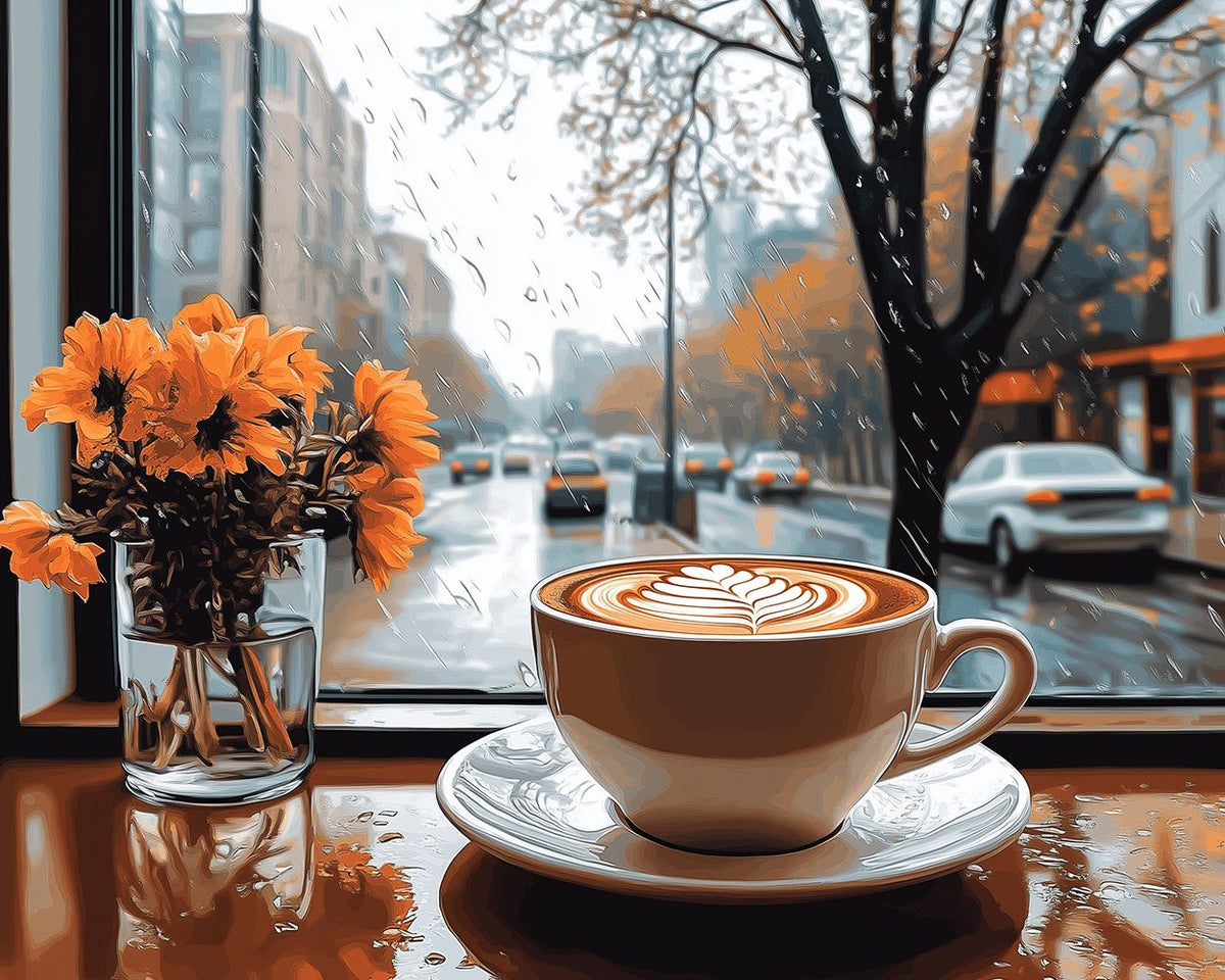 Cosy rainy day coffee cross stitch kit for beginners