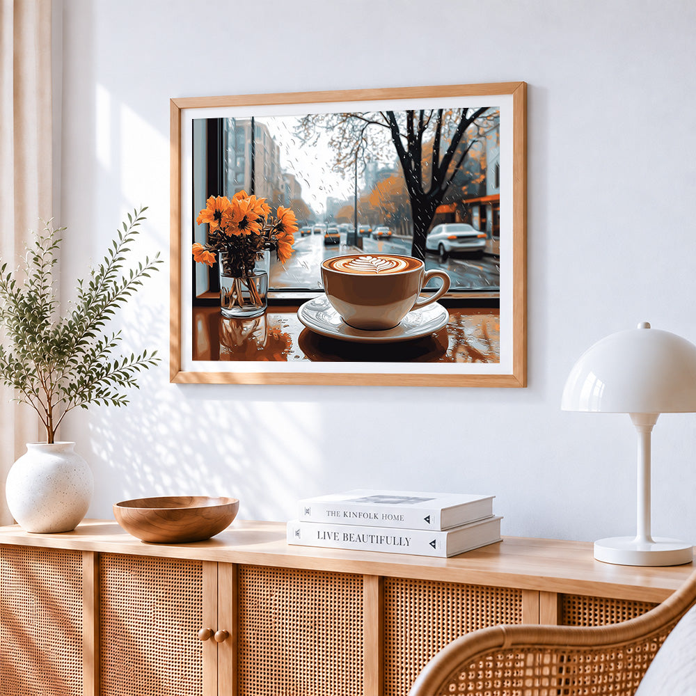 Cosy rainy day coffee cross stitch artwork displayed on wall as home decor
