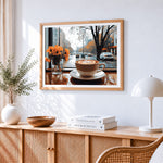 Cosy rainy day coffee cross stitch artwork displayed on wall as home decor