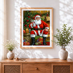 Finished cosy santa by the fireplace cross stitch artwork displayed