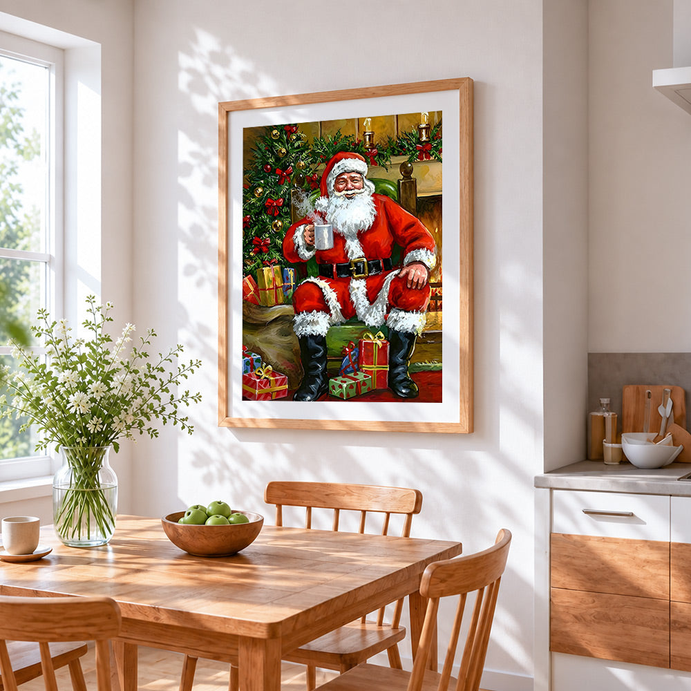 Cosy santa by the fireplace cross stitch artwork displayed on wall as home decor