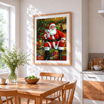 Cosy santa by the fireplace cross stitch artwork displayed on wall as home decor