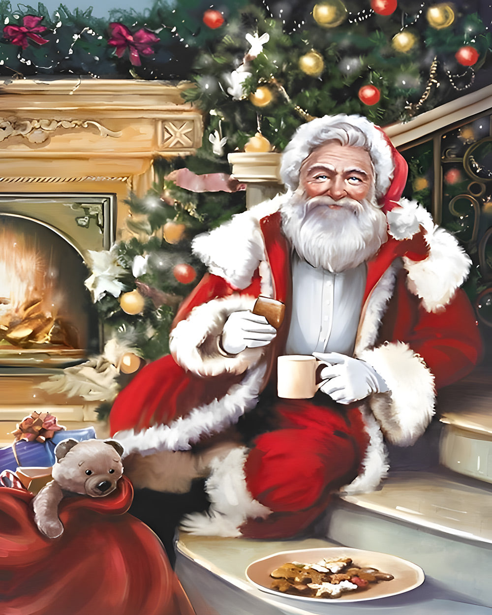Cosy santa relaxing with a hot drink cross stitch kit for beginners
