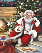 Cosy santa relaxing with a hot drink cross stitch kit for beginners