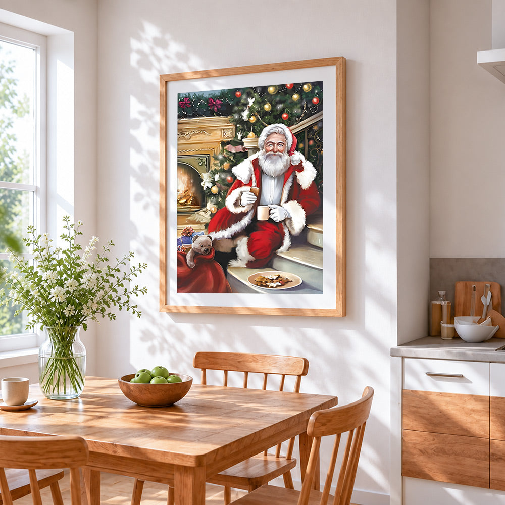 Cosy santa relaxing with a hot drink cross stitch artwork displayed on wall as home decor