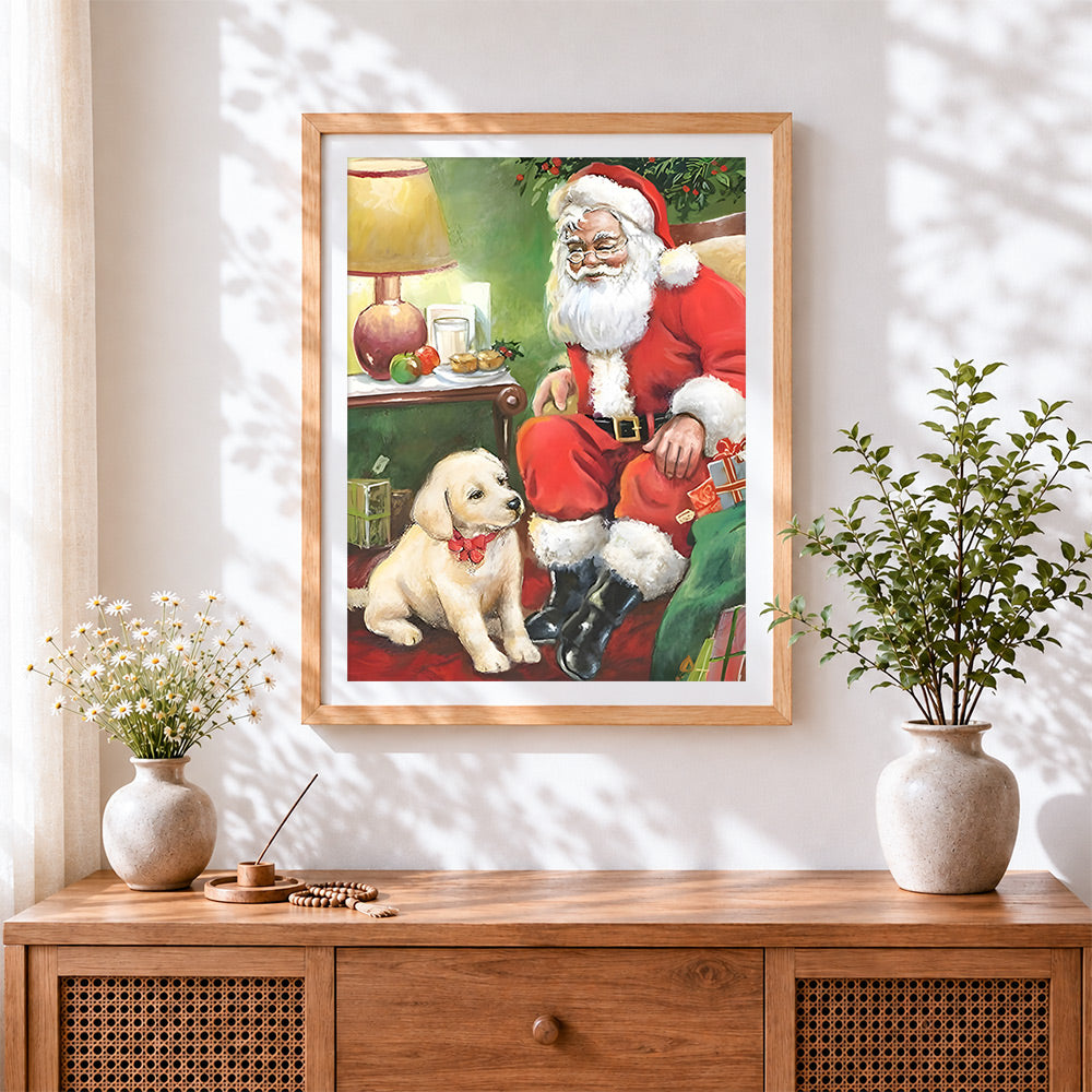 Finished cosy santa with puppy cross stitch artwork displayed