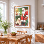 Cosy santa with puppy cross stitch artwork displayed on wall as home decor