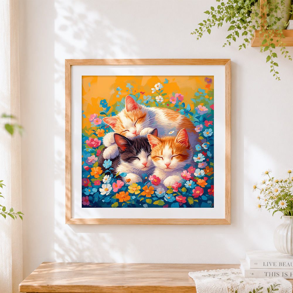 Finished cosy sleeping kittens in a floral garden cross stitch artwork displayed
