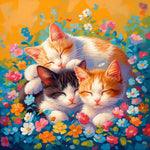 Cosy sleeping kittens in a floral garden cross stitch kit for beginners