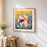 Cosy sleeping kittens in a floral garden cross stitch artwork displayed on wall as home decor
