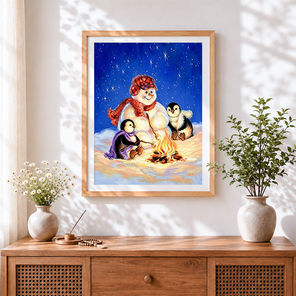Finished cosy snowman and penguins by campfire cross stitch artwork displayed