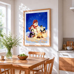 Cosy snowman and penguins by campfire cross stitch artwork displayed on wall as home decor