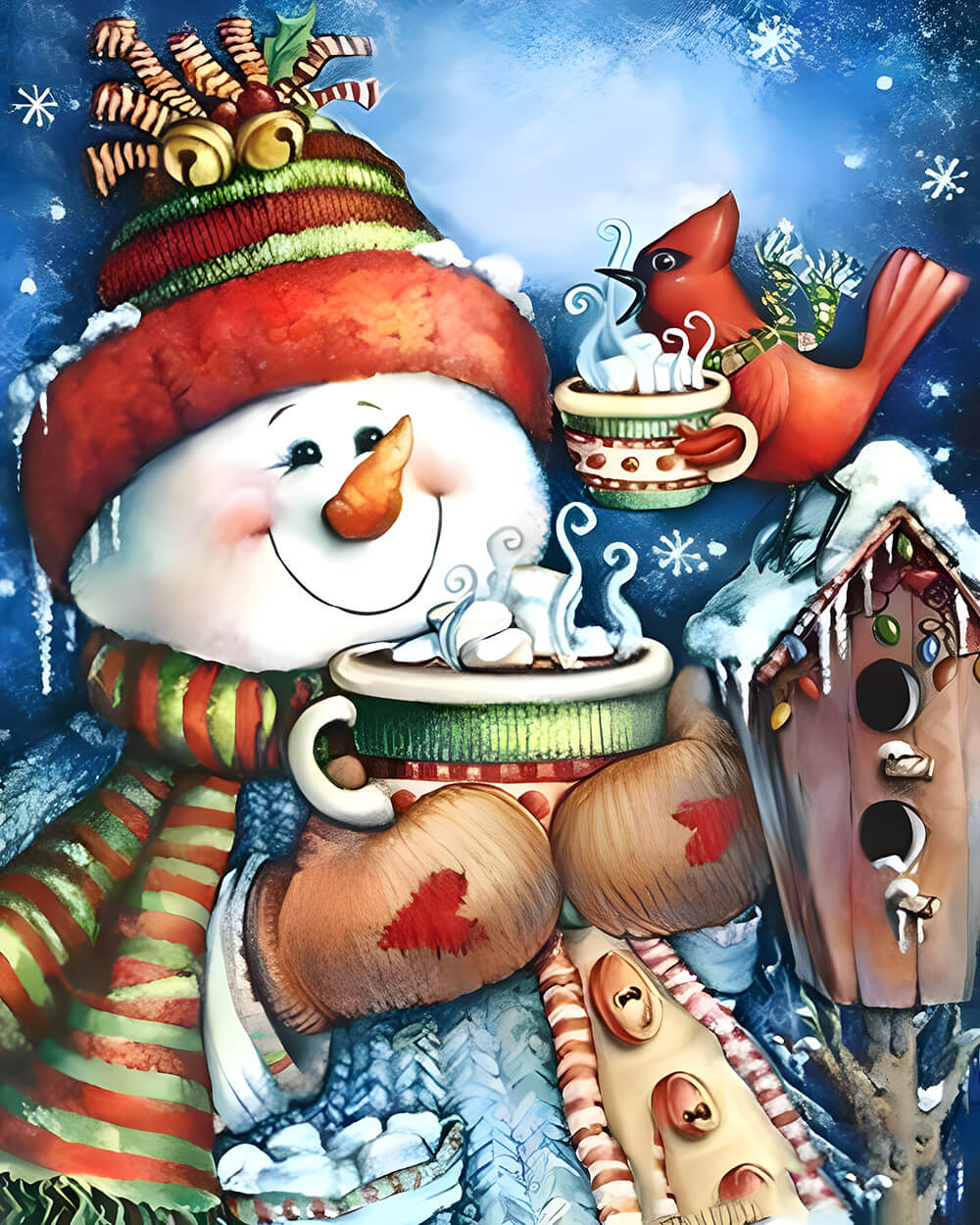 Cosy snowman drinking hot cocoa cross stitch kit for beginners