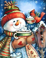 Cosy snowman drinking hot cocoa cross stitch kit for beginners