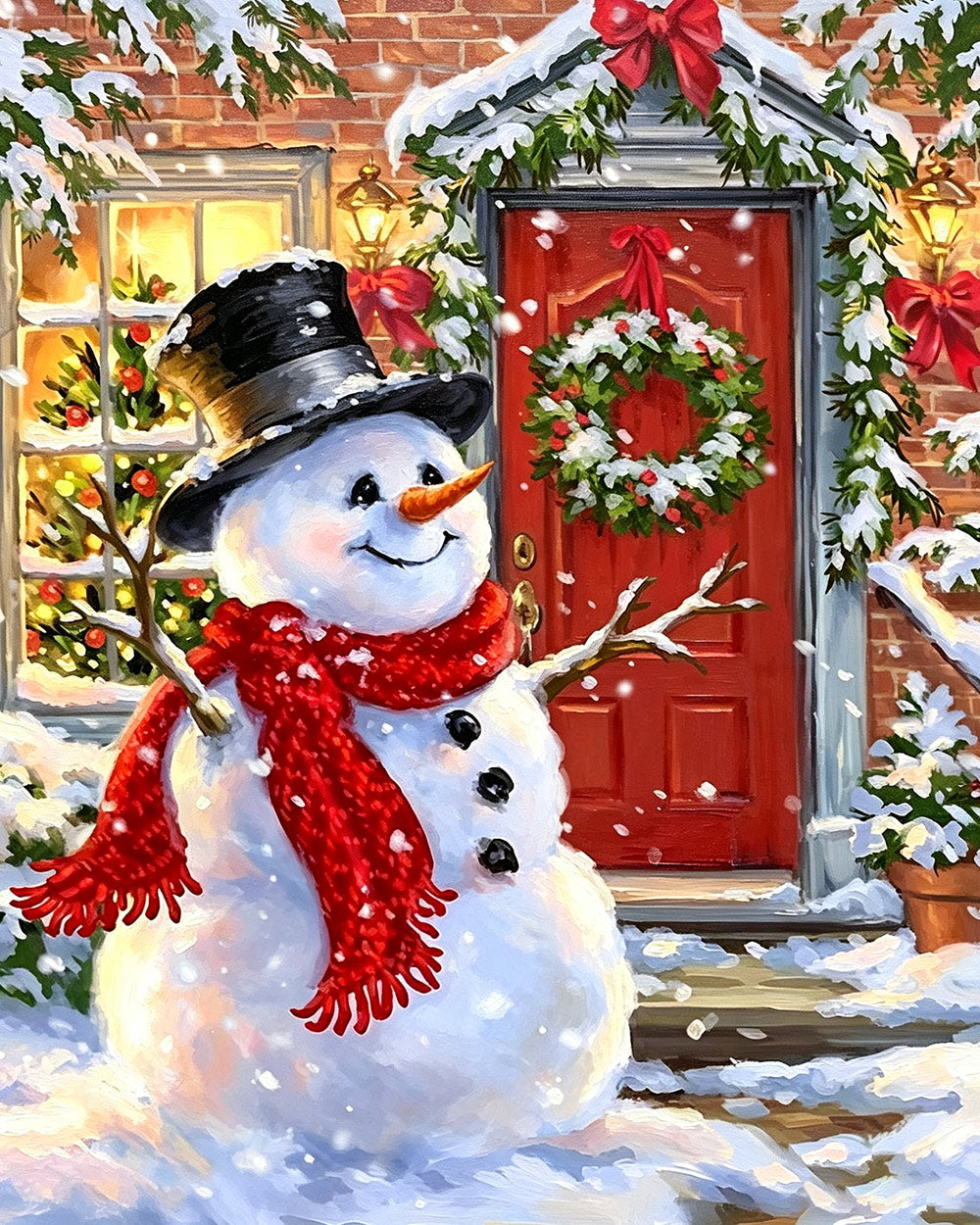 Cosy snowman with top hat by a red door cross stitch kit for beginners