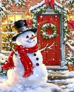 Cosy snowman with top hat by a red door cross stitch kit for beginners