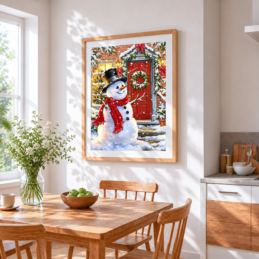 Cosy snowman with top hat by a red door cross stitch artwork displayed on wall as home decor