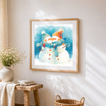 Cosy snowmen couple in love cross stitch artwork displayed on wall as home decor