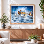 Finished cosy snowy cabin at twilight cross stitch artwork displayed