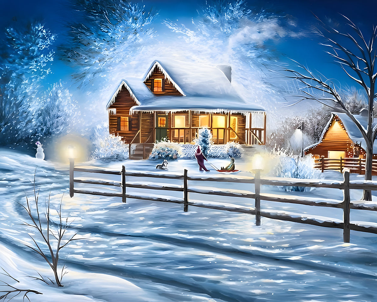 Cosy snowy cabin at twilight cross stitch kit for beginners