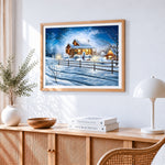 Cosy snowy cabin at twilight cross stitch artwork displayed on wall as home decor