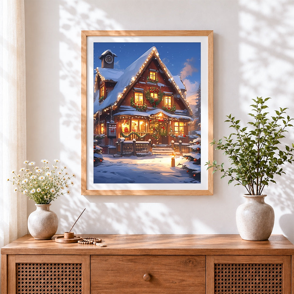 Finished cosy snowy christmas cottage cross stitch artwork displayed