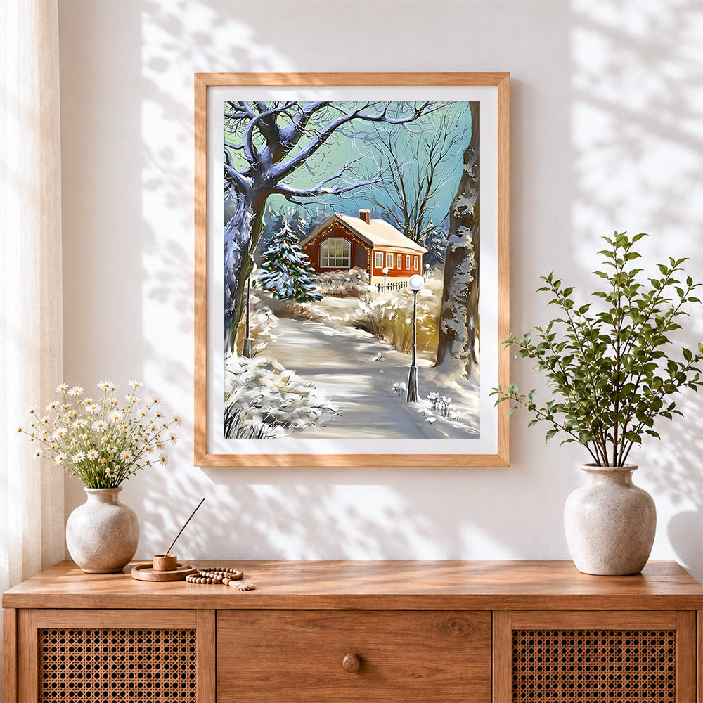 Finished cosy snowy cottage and christmas tree cross stitch artwork displayed