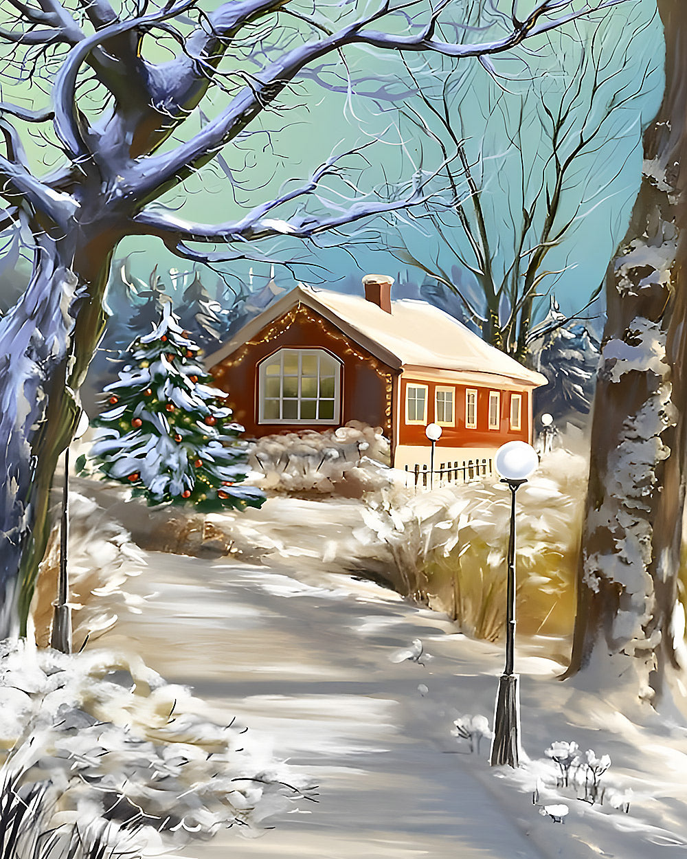Cosy snowy cottage and christmas tree cross stitch kit for beginners