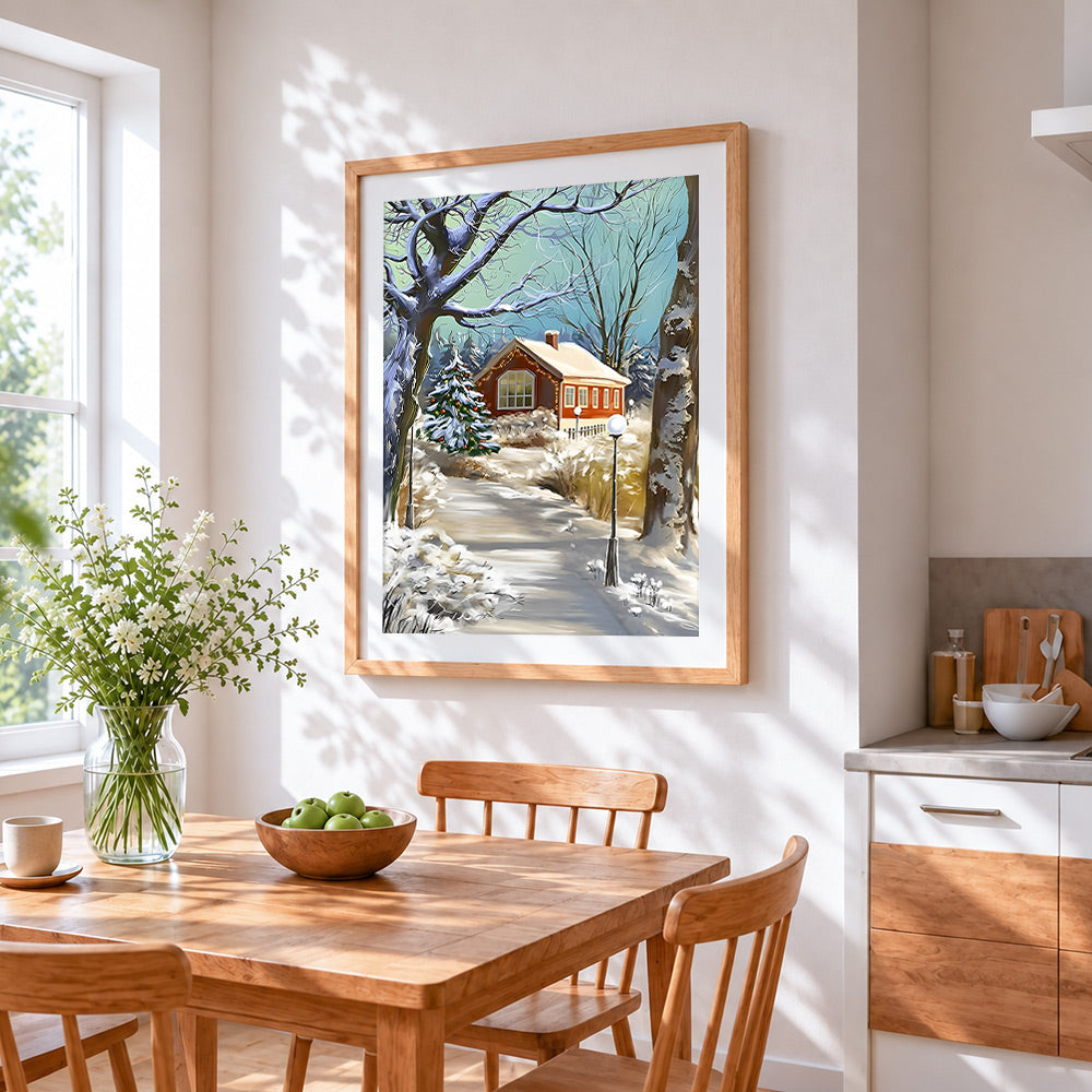 Cosy snowy cottage and christmas tree cross stitch artwork displayed on wall as home decor