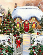 Cosy snowy cottage with christmas trees cross stitch kit for beginners