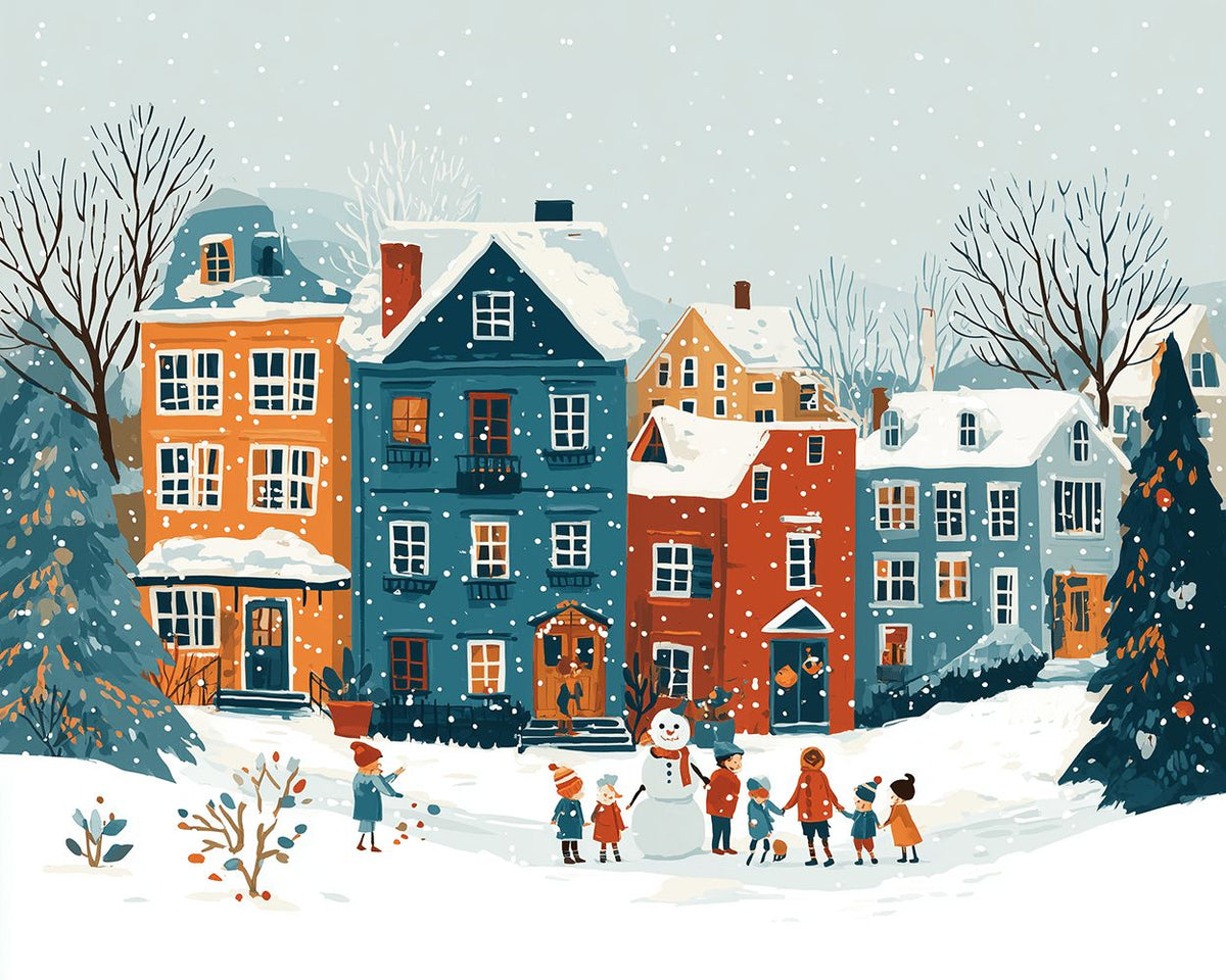 Cosy snowy village and snowman cross stitch kit for beginners