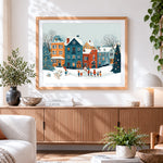 Finished cosy snowy village and snowman paint by numbers artwork displayed as home decor