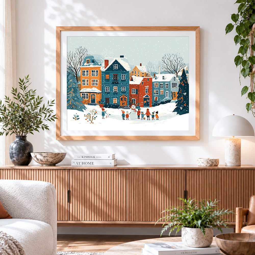 Finished cosy snowy village and snowman paint by numbers artwork displayed as home decor