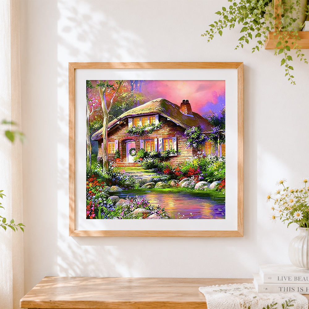 Finished cosy thatched cottage in flowers cross stitch artwork displayed