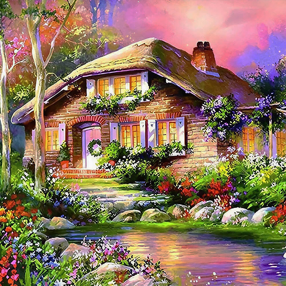 Cosy thatched cottage in flowers cross stitch kit for beginners
